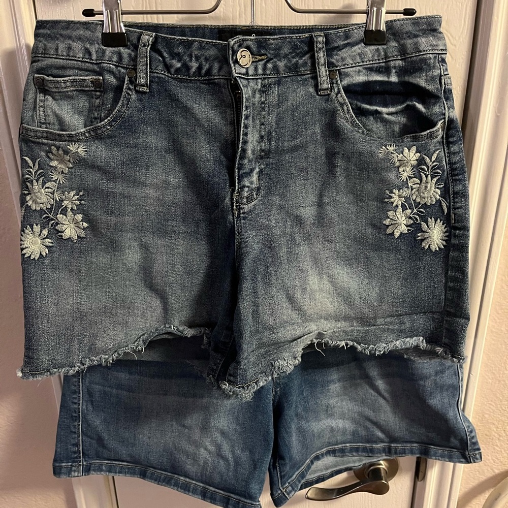 2 pairs jean shorts sz 14 - Earl Jeans embroidered and DearJohn plain - med wash